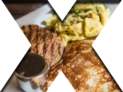 Turkey Sausage, Pancakes & Eggs | Xaymaca Breakfast Menu Classic Canadian breakfast with eggs, pancakes, and two turkey sausages