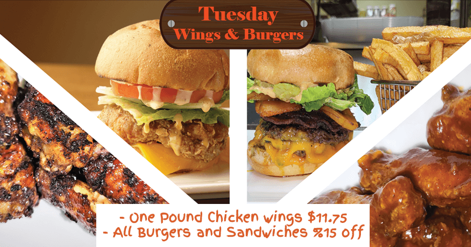 Tuesday Wings and Burger Night – Discounted wings and 15% off burgers & sandwiches Tuesday Wings for $11.75 and 15% off all burgers and sandwiches at Xaymaca