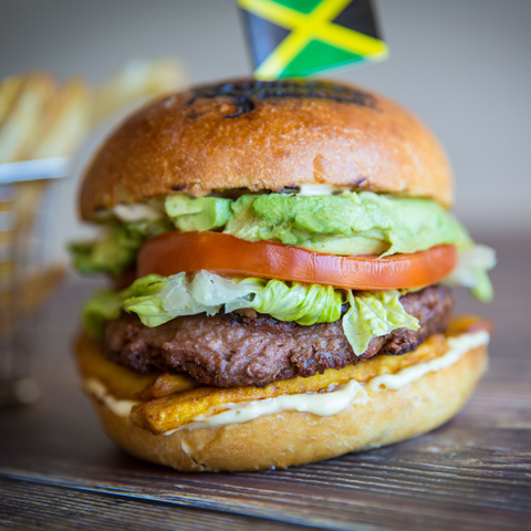 Click to view full image of our Rasta Veggie Burger Rasta Veggie Burger with Beyond Meat, plantain, avocado, and vegan aioli – thumbnail view
